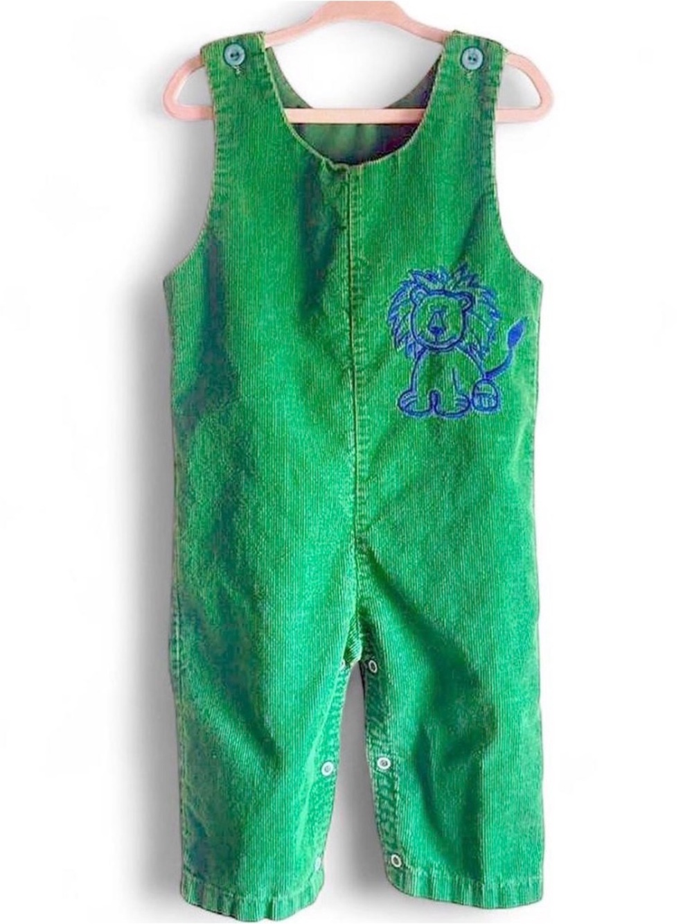 Vintage Green Corduroy Kids Overalls with Blue Lion Embroidery